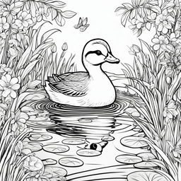 Black and white colouring book page featuring an adorable duck in a detailed pond setting.