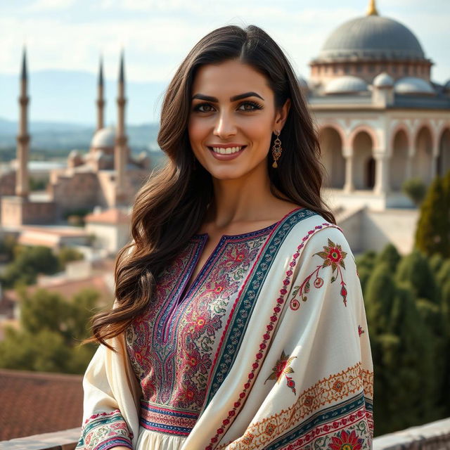 A Turkish woman aged between 30 to 45 years, elegantly dressed and showcasing her cultural heritage