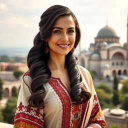 A Turkish woman aged between 30 to 45 years, elegantly dressed and showcasing her cultural heritage