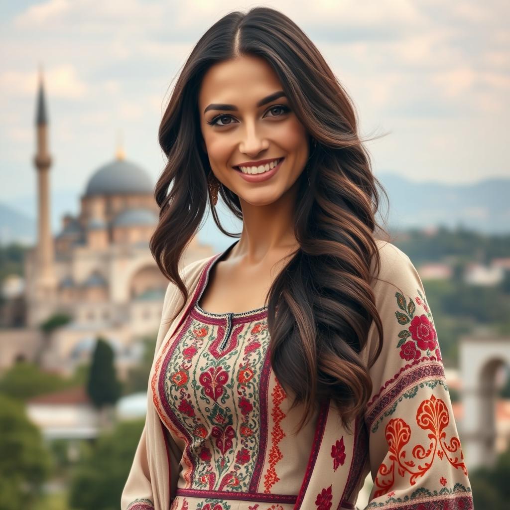 A Turkish woman aged between 30 to 45 years, elegantly dressed and showcasing her cultural heritage