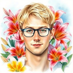 Create a stunning watercolor portrait of a blond guy with short hair and glasses, surrounded by a beautiful arrangement of vibrant lily flowers