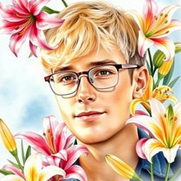 Create a stunning watercolor portrait of a blond guy with short hair and glasses, surrounded by a beautiful arrangement of vibrant lily flowers