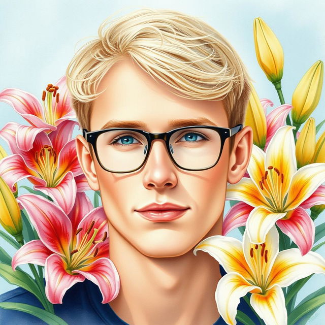 Create a stunning watercolor portrait of a blond guy with short hair and glasses, surrounded by a beautiful arrangement of vibrant lily flowers