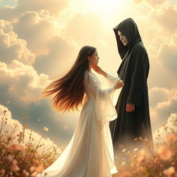 A captivating book cover featuring a stunning heavenly nature background, filled with soft clouds, golden sunlight, and gentle flora that creates an ethereal atmosphere