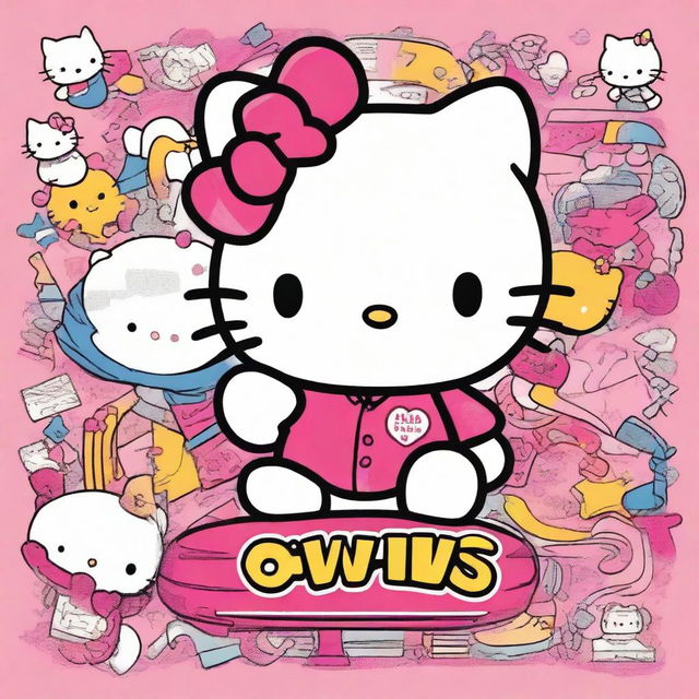 A detailed and vibrant illustration of Hello Kitty, showcasing every intricate feature, gleefully holding a large sign that reads 'Owns'