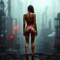 A thin girl with round, enhanced breasts, positioned at the center of the image in a full body rear view, wearing a tight thin red transparent latex thong leotard and stylish high heel shoes