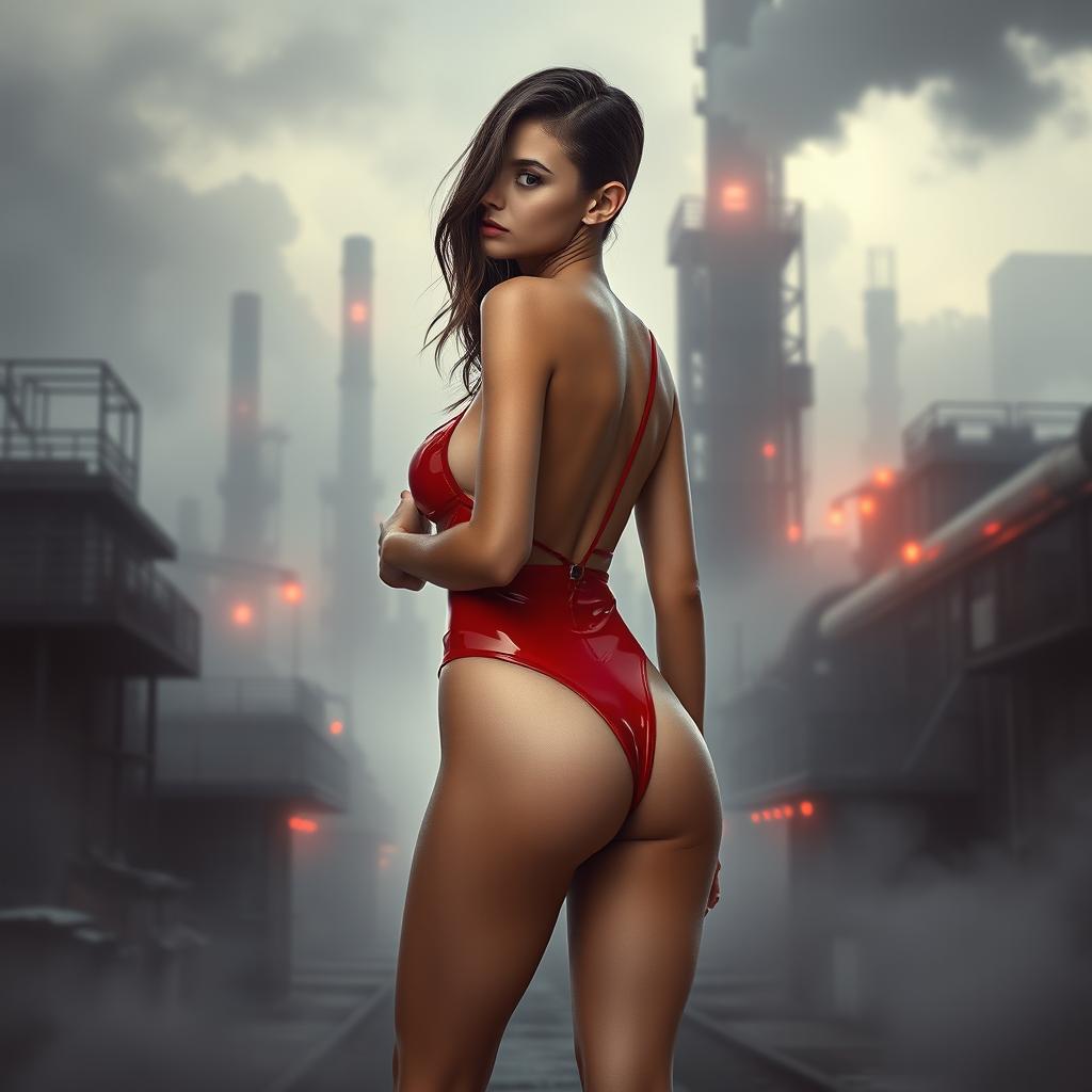 A thin girl with round, enhanced breasts, positioned at the center of the image in a full body rear view, wearing a tight thin red transparent latex thong leotard and stylish high heel shoes