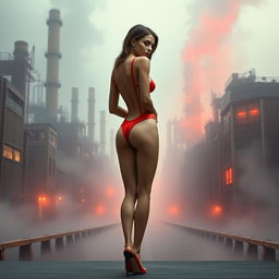 A thin girl with round, enhanced breasts, positioned at the center of the image in a full body rear view, wearing a tight thin red transparent latex thong leotard and stylish high heel shoes