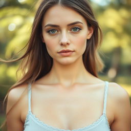 A 27-year-old woman with a natural style, featuring light skin and minimal makeup for a pure, effortless beauty