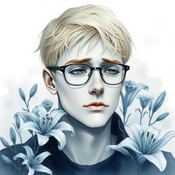 Create a poignant watercolor portrait of a sad blond guy with short hair and glasses, surrounded by delicate lily flowers