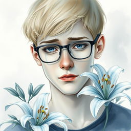Create a poignant watercolor portrait of a sad blond guy with short hair and glasses, surrounded by delicate lily flowers
