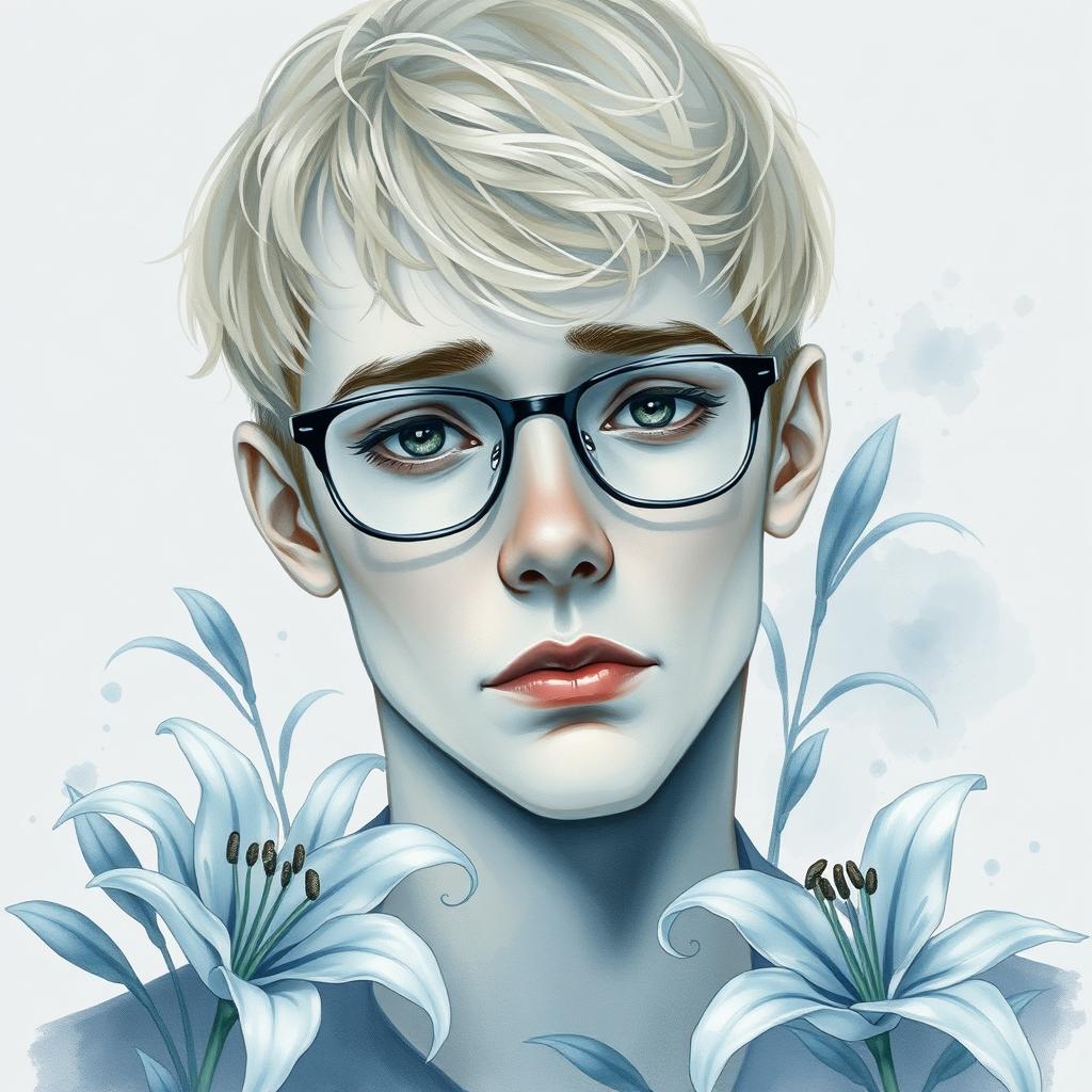 Create a poignant watercolor portrait of a sad blond guy with short hair and glasses, surrounded by delicate lily flowers