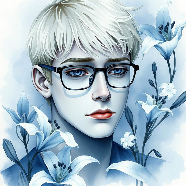 Create a poignant watercolor portrait of a sad blond guy with short hair and glasses, surrounded by delicate lily flowers