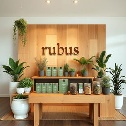 An eco-friendly and cozy medium-sized stand setup for a herbal cigarettes brand called rubus, featuring the brand name 'rubus' in lowercase displayed in a charming, earthy font