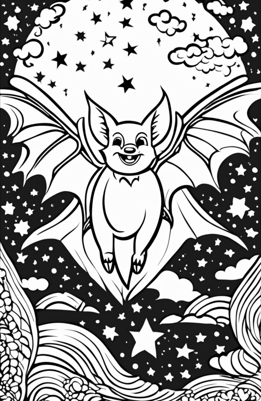 A child-friendly coloring page featuring a cartoonish bat in mid-flight against a starry night sky background.