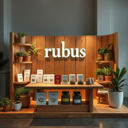 An eco-friendly and cozy medium-sized stand setup for a herbal cigarettes brand called rubus, featuring the brand name 'rubus' in lowercase displayed in a charming, earthy font