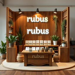 An eco-friendly and cozy medium-sized stand setup for a herbal cigarettes brand called rubus, featuring the brand name 'rubus' in lowercase displayed in a charming, earthy font
