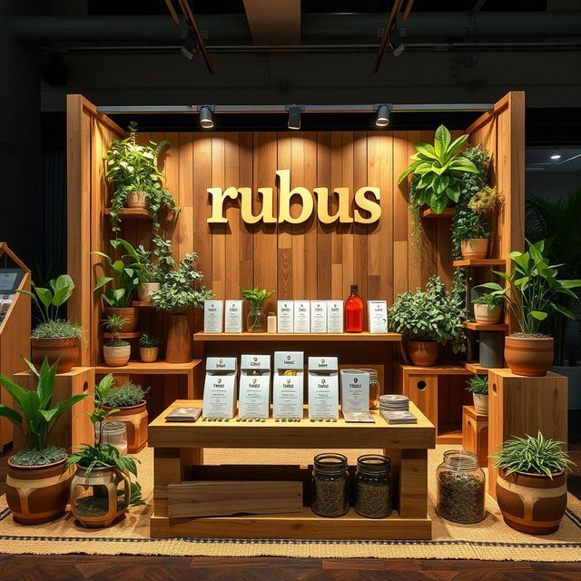 An eco-friendly and cozy medium-sized stand setup for a herbal cigarettes brand called rubus, featuring the brand name 'rubus' in lowercase displayed in a charming, earthy font