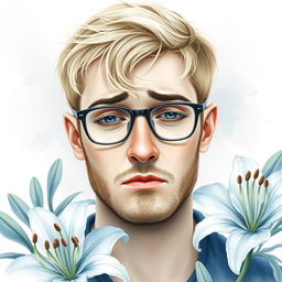 Create a heartfelt watercolor portrait of a sad blond guy with stubble and short hair, wearing glasses, surrounded by delicate lily flowers