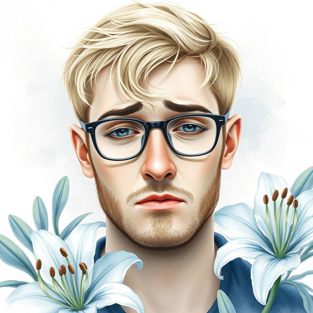 Create a heartfelt watercolor portrait of a sad blond guy with stubble and short hair, wearing glasses, surrounded by delicate lily flowers