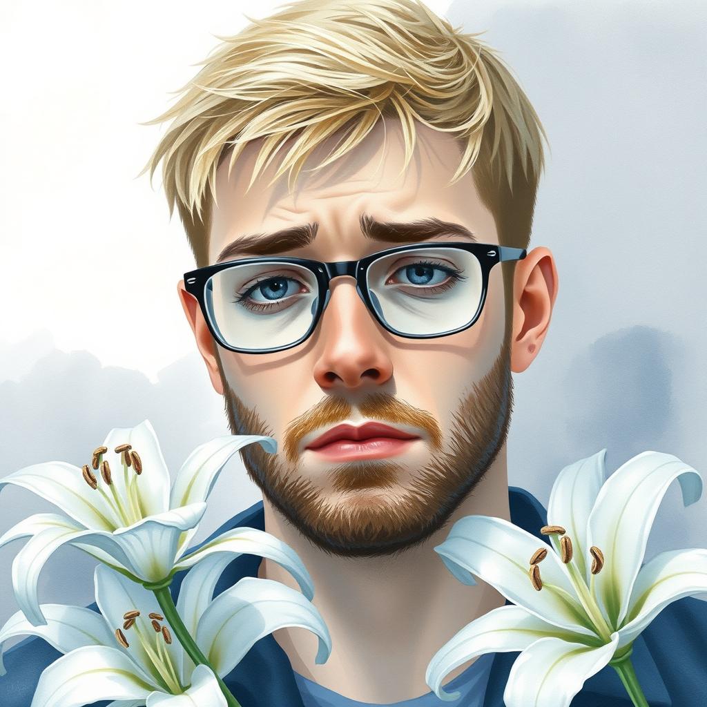 Create a heartfelt watercolor portrait of a sad blond guy with stubble and short hair, wearing glasses, surrounded by delicate lily flowers