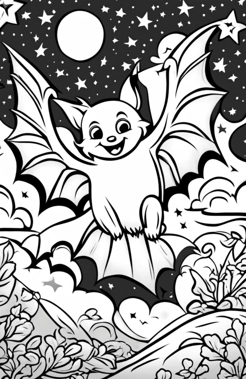 A child-friendly coloring page featuring a cartoonish bat in mid-flight against a starry night sky background.