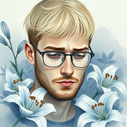 Create a heartfelt watercolor portrait of a sad blond guy with stubble and short hair, wearing glasses, surrounded by delicate lily flowers