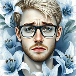 Create a heartfelt watercolor portrait of a sad blond guy with stubble and short hair, wearing glasses, surrounded by delicate lily flowers