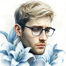 Create a poignant watercolor portrait of a sad blond guy with stubble and short hair, wearing glasses, surrounded by elegant lily flowers