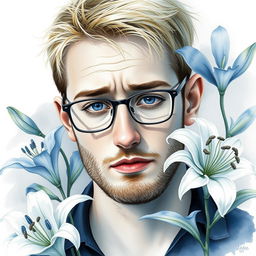 Create a poignant watercolor portrait of a sad blond guy with stubble and short hair, wearing glasses, surrounded by elegant lily flowers