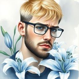 Create a poignant watercolor portrait of a sad blond guy with stubble and short hair, wearing glasses, surrounded by elegant lily flowers