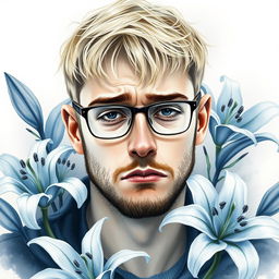 Create a poignant watercolor portrait of a sad blond guy with stubble and short hair, wearing glasses, surrounded by elegant lily flowers