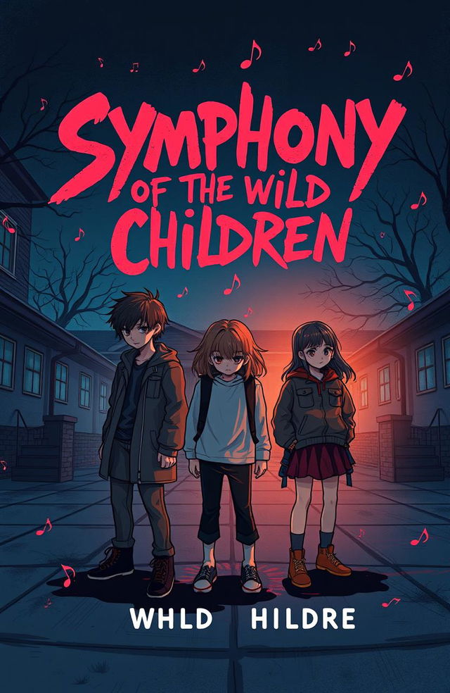 A cover illustration for 'Symphony of the Wild Children' featuring three rebellious teenagers in a dimly lit schoolyard