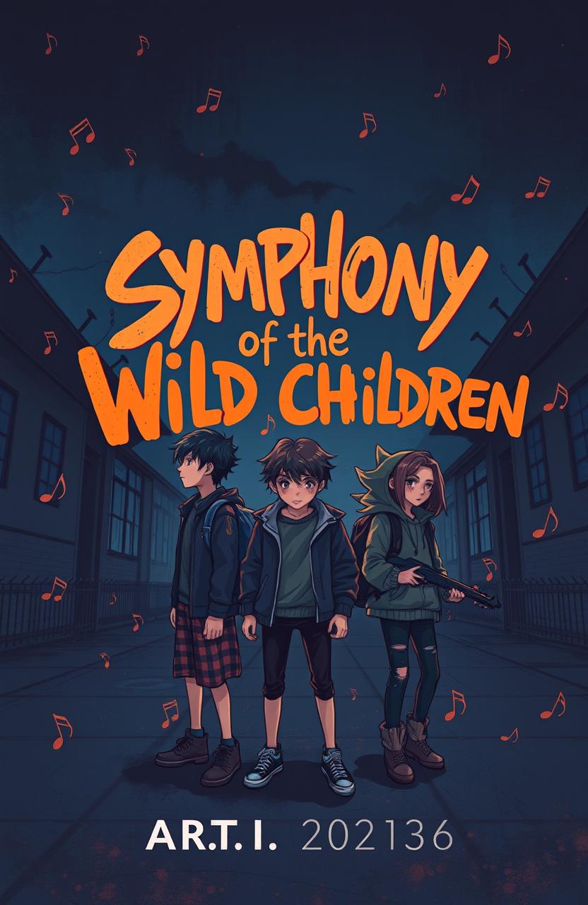 A cover illustration for 'Symphony of the Wild Children' featuring three rebellious teenagers in a dimly lit schoolyard