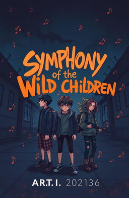 A cover illustration for 'Symphony of the Wild Children' featuring three rebellious teenagers in a dimly lit schoolyard