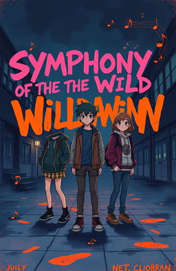 A cover illustration for 'Symphony of the Wild Children' featuring three rebellious teenagers in a dimly lit schoolyard