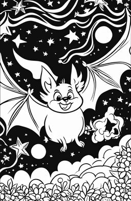 A child-friendly coloring page featuring a cartoonish bat in mid-flight against a starry night sky background.