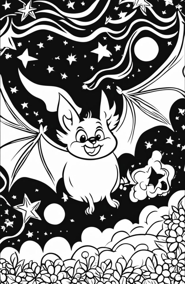 A child-friendly coloring page featuring a cartoonish bat in mid-flight against a starry night sky background.