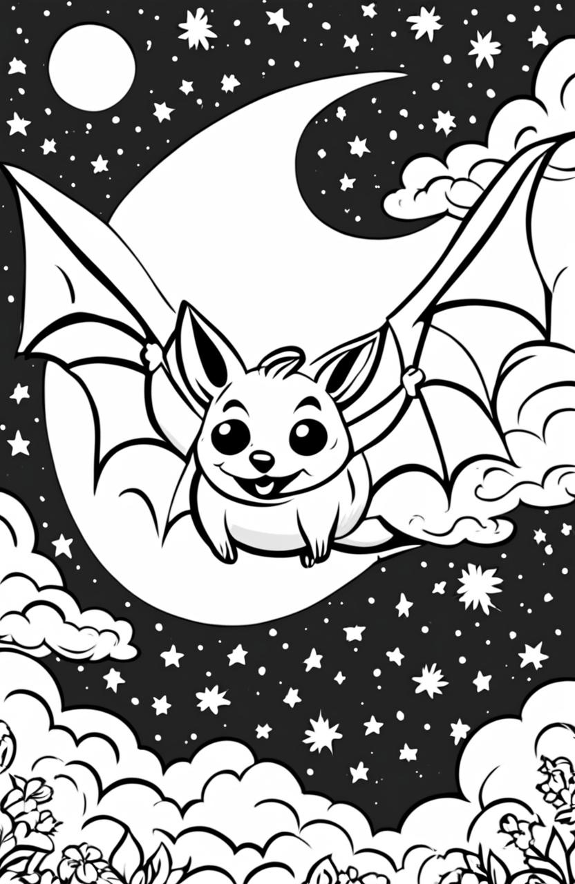 A child-friendly coloring page featuring a cartoonish bat in mid-flight against a starry night sky background.