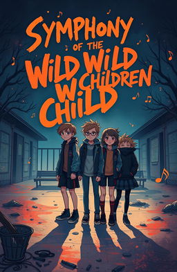 A cover illustration for 'Symphony of the Wild Children' featuring three rebellious teenagers in a dimly lit schoolyard