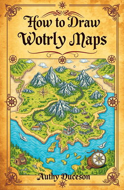 An enchanting book cover design for a guide on how to draw fantasy world maps, featuring a beautifully illustrated and highly detailed fantasy map