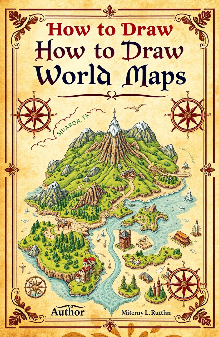 An enchanting book cover design for a guide on how to draw fantasy world maps, featuring a beautifully illustrated and highly detailed fantasy map