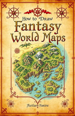 An enchanting book cover design for a guide on how to draw fantasy world maps, featuring a beautifully illustrated and highly detailed fantasy map