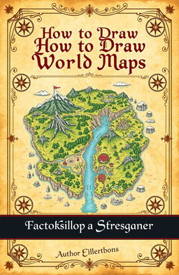 An enchanting book cover design for a guide on how to draw fantasy world maps, featuring a beautifully illustrated and highly detailed fantasy map