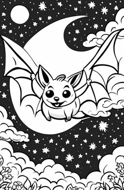 A child-friendly coloring page featuring a cartoonish bat in mid-flight against a starry night sky background.