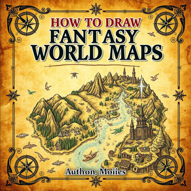 A captivating book cover design for a guide on how to draw fantasy world maps, showcasing an intricately illustrated fantasy map