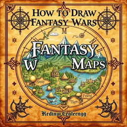 A captivating book cover design for a guide on how to draw fantasy world maps, showcasing an intricately illustrated fantasy map