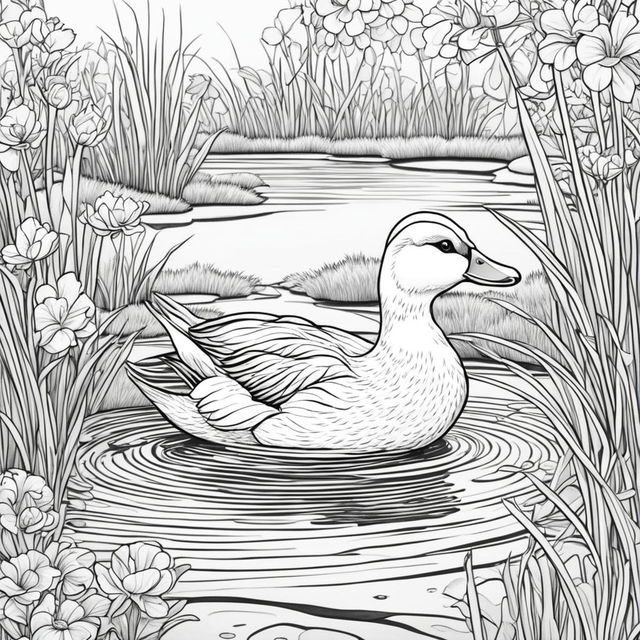 A detailed black and white colouring book page featuring an adorable duck in a pond setting.