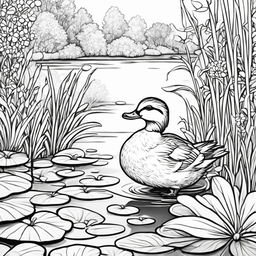 A detailed black and white colouring book page featuring an adorable duck in a pond setting.