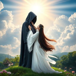 A mesmerizing book cover that presents a heavenly nature background, filled with soft, billowy clouds, radiant sunlight, and lush greenery that creates a tranquil and ethereal atmosphere